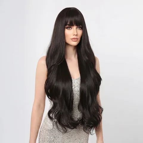 Parrucca Lunga Ondulata Con Frangia Fibra Sintetica Resistente Al Calore Capelli Ricci Naturali Per Donne