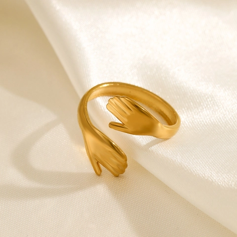 Knuffel Handen Ring Roestvrij Staal 18K Verguld Verstelbaar Open Mode Sieraden Cadeau Voor Vrouwen
