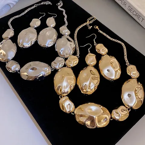 Chunky Irregular Molten Geometric Necklace And Earrings Jewelry Set Hammered Iron Metal Polished For Women