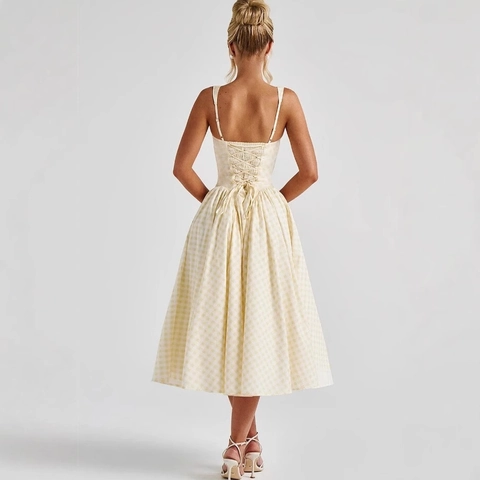Robe Midi À Carreaux Gingham Encolure Carrée Larges Bretelles Dos Nu Laçage Corsage Corset Trapèze Vintage Robe Douce Femmes