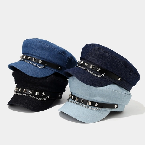 Cappello Militare Piatto In Denim Per Donna Stile Punk Retrò Berretto Da Marinaio Con Catena In Metallo E Borchie A Stella Regolabile