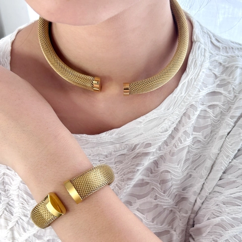Mesh Woven Necklace Cuff Bracelet Stainless Steel Open C-Shape Hip Hop Streetwear Fashion Jewelry For Women