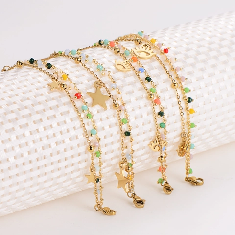 Double Layer Bracelet 304 Stainless Steel Colorful Beads Star Evil Eye Pendant Gold Plated Fashion Jewelry For Women