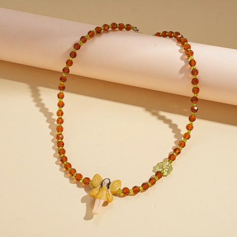 Double Layered Beaded Necklace Rhodonite Glass Resin Fairy Elf Pendant Butterfly Charm Vintage Jewelry For Women