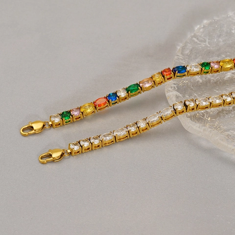 Stainless Steel Tennis Bracelet 18K Gold Plated Oval Multi Color Zircon Adjustable Elegant Jewelry For Women