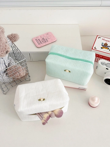 Borsa Per Trucco In Cotone A Maglia Con Rose Floreali Dolci Grande Capacità Organizzatore Per Cosmetici Portatile Zip