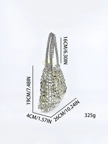 Bolso De Mano Para Mujer De Lentejuelas Metálicas Hueco Tejido A Mano Bolso De Perlas Brillantes Con Forro Con Cordón