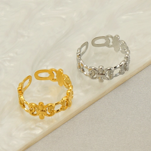 Anillo De Acero Inoxidable Hueco Patrón Geométrico Vintage Banda Abierta Ajustable Joyería Chapado Oro 18k Mujeres