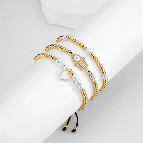 Adjustable Beaded Bracelet Copper Zircon Evil Eye Hamsa Hand Heart Pendant Woven Rope Jewelry Women Men