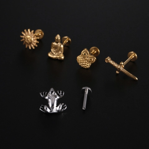 Stainless Steel Labret Lip Stud Cartilage Earring Flat Back Frog Owl Sun Buddha Sword Skull Punk Piercing Jewelry