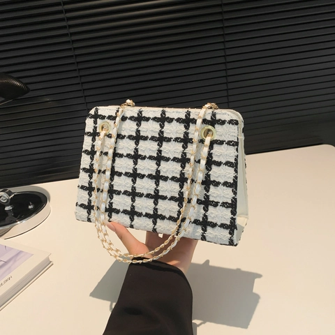 Bolso de Hombro Elegante de Tweed a Cuadros para Mujer Color de Contraste Cadena de Metal Bolso de Mano Moda para Dama