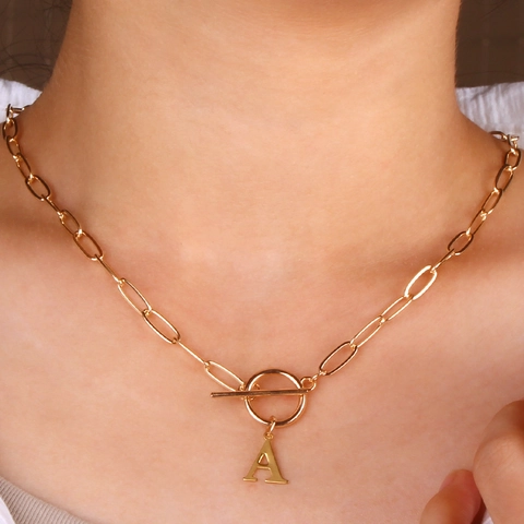 Gold Stainless Steel Initial Pendant Necklace For Women Minimalist Paperclip Chain Toggle Clasp Letter A-Z Jewelry Gift