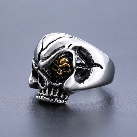 Skull Ring Stainless Steel 316L Double Skeleton Head Punk Biker Gothic Vintage Distressed Polished Band Jewelry For Men