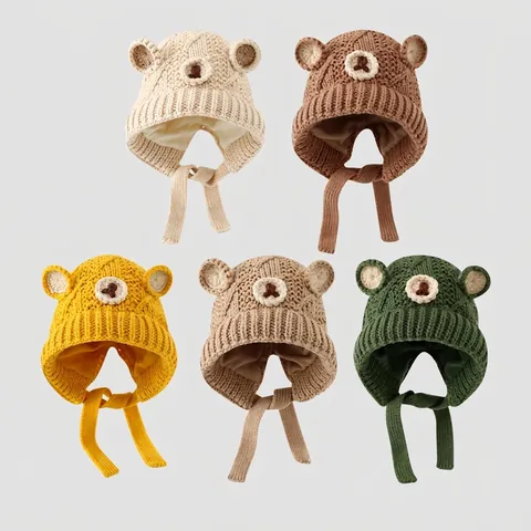Kids Knitted Ear Protection Hat Cute Bear Ears Cotton Warm Windproof Beanie With Chin Strap For Boys Girls
