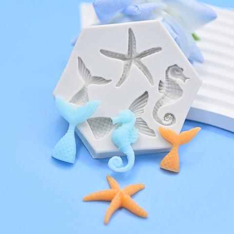 Oceaan Serie Siliconen Vorm Zeepaardje Zeester Zeemeermin Staart Voor Bakken Fondant DIY Suiker Ambacht Chocolade Decoratie