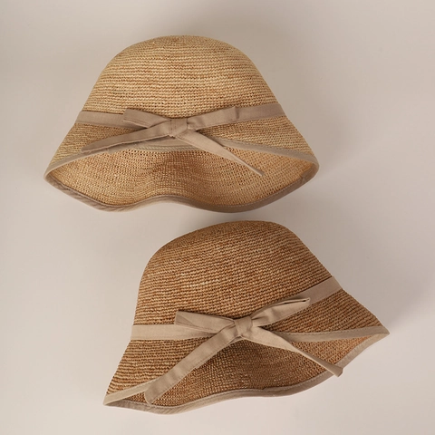 Raffia Straw Cloche Sun Hat Elegant Wide Brim Bow Decor Foldable Split Back Summer Beach Protection For Women