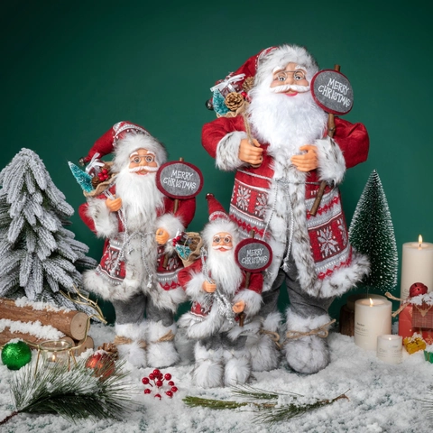 Figurine Père Noël Debout Poupée Avec Panneau Merry Christmas Tissu Fausse Fourrure Décoration Noël Table