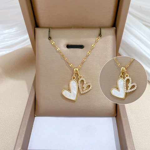 Élégant Collier Pendentif Double Cœur Pour Femme Acier Inoxydable Plaqué Or Avec Strass Bijoux Cadeau