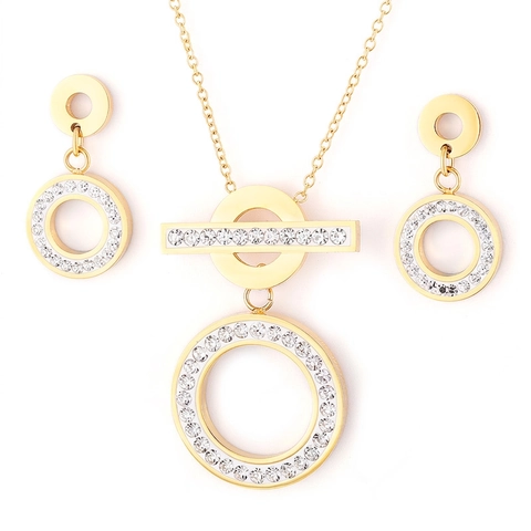 Set Di Gioielli Con Collana E Orecchini In Acciaio Inossidabile Con Pendente Cerchio Barra E Strass Moda Stile Semplice Donna