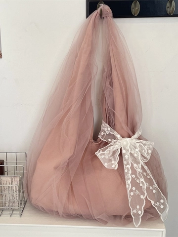 Women Mesh Shoulder Bag Large Capacity Lace Bow Embroidered Organza Tote Bag Korean Style Sweet Casual Polyester