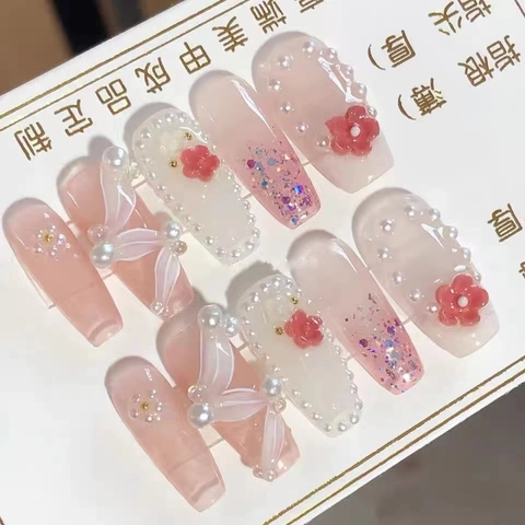 Handmade Press On Nails Pink White Gradient Long Trapezoid Flower Butterfly Artificial Pearl Rhinestone Sweet Nail Art For Women