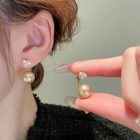 Boucles D'oreilles Double Face Künstliche Perles D'imitation Avec Zircon Alliage Et Tige En Argent Sterling 925 Élégant