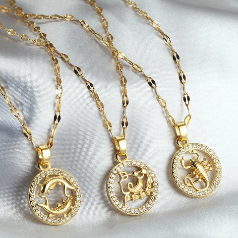 Collier Pendentif Constellation Zodiaque Acier Inoxydable Et Cuivre Avec Zircon Micro Incrusté Rond Bijoux