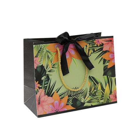 Tropical Floral Print Gift Paper Bags With Golden Rope Handles And Satin Ribbon Bow Elegant Hibiscus Palm Leaf Packaging