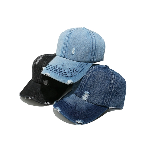 Vintage Washed Denim Baseball Cap Distressed Ripped Hole Streetwear Hip Hop Adjustable Cotton Sun Hat Unisex