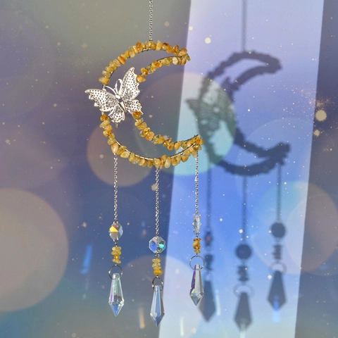 Crystal Stone Moon Butterfly Suncatcher With Prism Hanging Wind Chime For Garden Window Home Decor Healing Stone Ornament