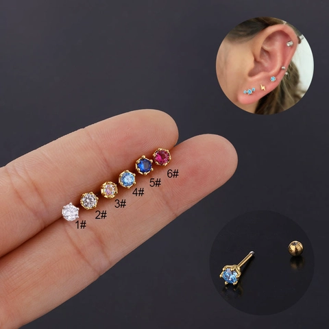 Stainless Steel Piercing Earrings Colorful Round Cubic Zirconia Claw Setting Screw Back Barbell Fashion Jewelry