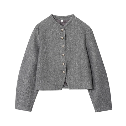 Chaqueta Corta Elegante De Cuello Redondo Para Mujer Textura Lana Color Sólido Manga Larga Botón Metal