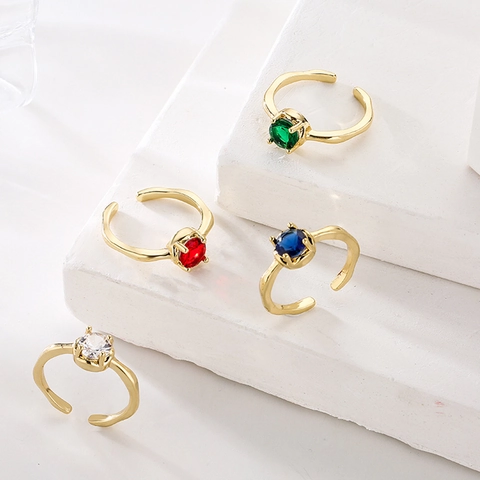 Vintage Vergoldeter Kupferner Offener Ring Für Damen Runder Zirkonia Geometrische Gehammerte Textur Verstellbares Band