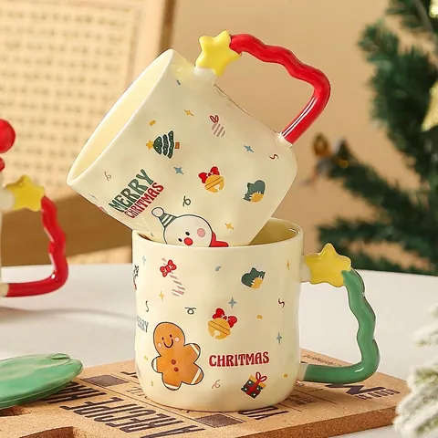 Weihnachts-Keramikbecher Mit Sterngriff Wellendesign Deckel Und Löffel Cartoon Rentier Schneemann Weihnachtsmann Porzellan Kaffeetasse Geschenk