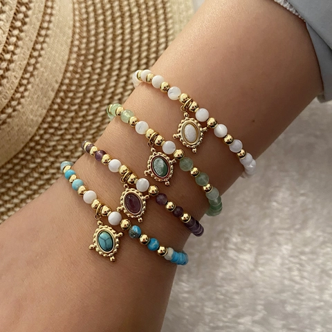 Bracciale Di Perline In Pietra Naturale Vintage Con Pendente Ovale In Acciaio Inossidabile Ottone Stile Boho Per Donna