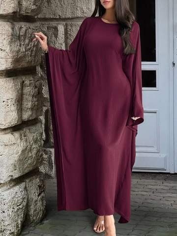 Solid Color Elegant Women Maxi Dress Pleated Polyester Long Batwing Sleeve Loose Kaftan Abaya Evening Commute Gown
