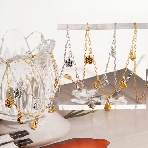 Gioielli In Acciaio Inossidabile Placcato Oro PVD Collana E Bracciale Con Ciondoli Fiore Luna Fantasma Impronta Per Donna Moda