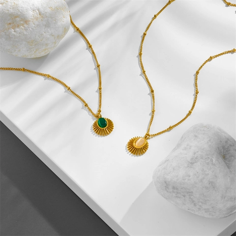 Collana Con Pendente Raggi Di Sole Acciaio Inossidabile Pietra Occhio Di Gatto Catena Satellitare Donna