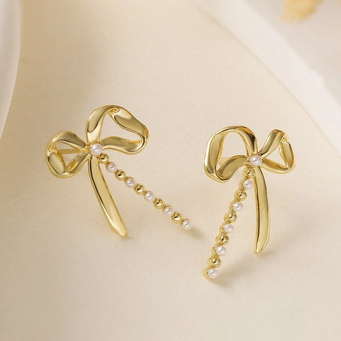 Orecchini a Bottone a Fiocco in Rame Placcato Oro Con Perla Artificiale Strass Eleganti Gioielli da Orecchio per Donna