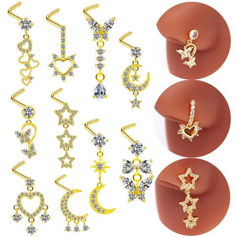 Studs De Nez Pendantes Acier Inoxydable Chirurgical 316L Plaqué Or Zircone Cœur Lune Étoile Papillon Bijoux De Piercing