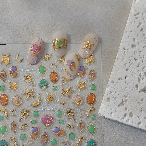 Adesivi Per Unghie In Rilievo 3D Tema Oceano Spiaggia Tartaruga Conchiglia Stella Marina Autoadesivi Decorazione Manicure DIY