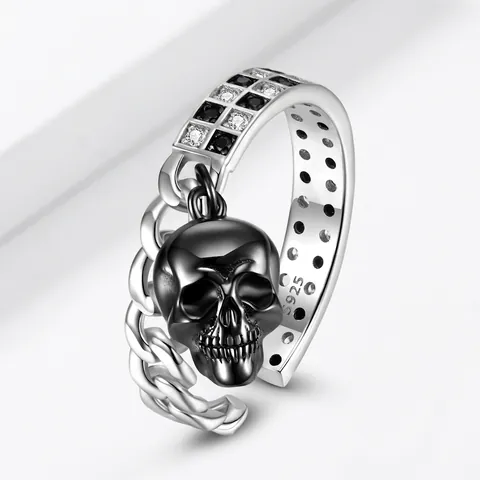 Gotischer Totenkopf Anhänger Ring 925 Sterling Silber Schwarz Weiß Mosaik Zirkon Punk Kette Verstellbar Unisex Schmuck