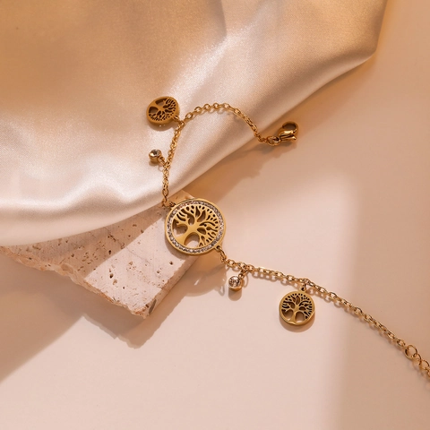 Pulsera de Acero de Titanio Árbol de la Vida para Mujer Chapada en Oro con Dije de Circonia Joyería de Moda Europea