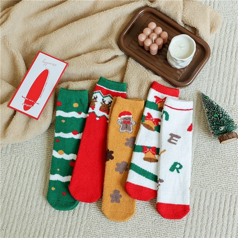 Calze A Metà Polpaccio Natale Pile Corallo Ispessito Caldo Inverno Accogliente Soffice Per Donne Renna Omino Pan Di Zenzero