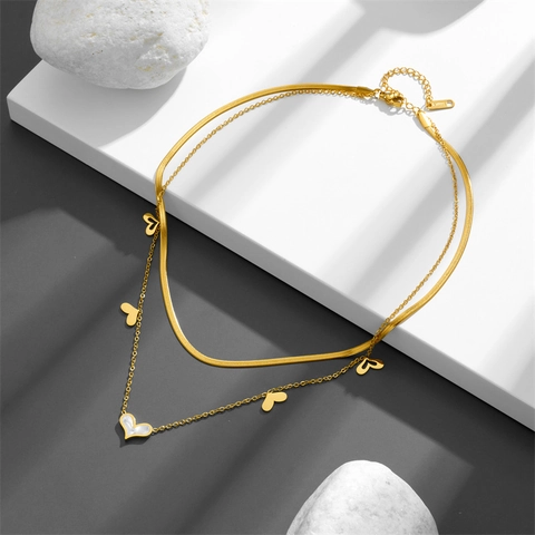 Double Layer Necklace Titanium Steel Gold Plated Mother Of Artificial Pearl Shell Heart Pendant Herringbone Snake Chain For Women
