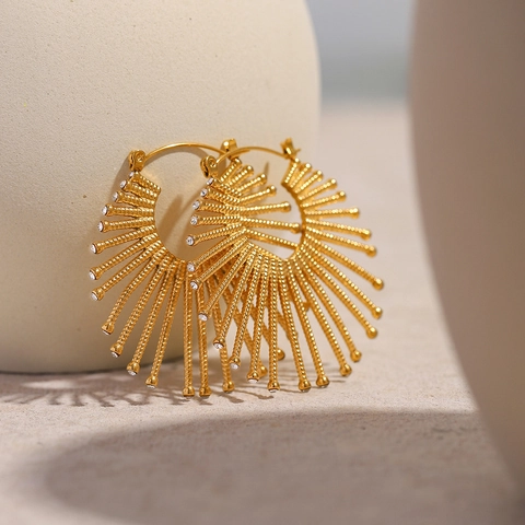 Pendientes De Botón Sol Oro De 18K Acero Inoxidable Radial Forma De Abanico Circonia Joyería Moderna Para Mujeres