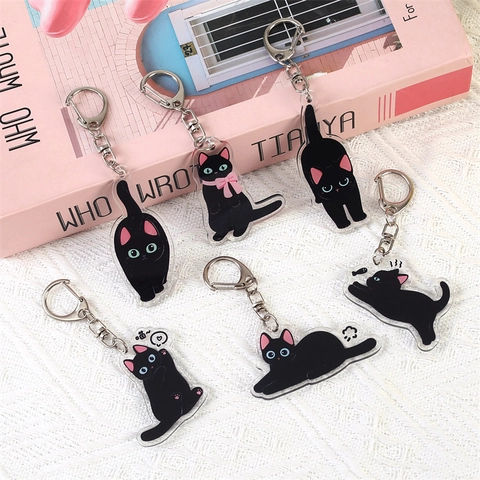 Mignon Dessin Animé Chat Noir Acrylique Porte-Clés Pendentif De Sac Kawaii Figures Animales Impression Recto Verso Accessoire
