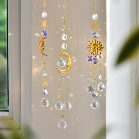 Crystal Suncatcher Moon Sun Star Gold Metal Rainbow Maker Hanging Ornament Home Garden Window Decor
