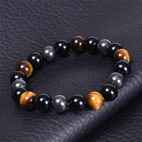 Bracciale Tripla Protezione Pietra Occhio Di Tigre Naturale Agata Nera Ematite Perline Elastico Gioielli Unisex Minimalista