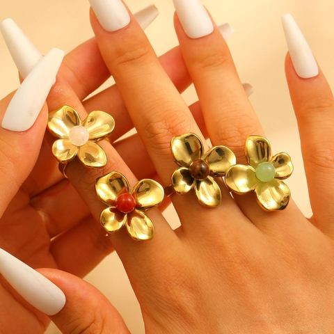 Fashion 304 Stainless Steel Floral Open Ring For Women Natural Stone Flower Decorative Finger Ring Chic Jewelry Accessory